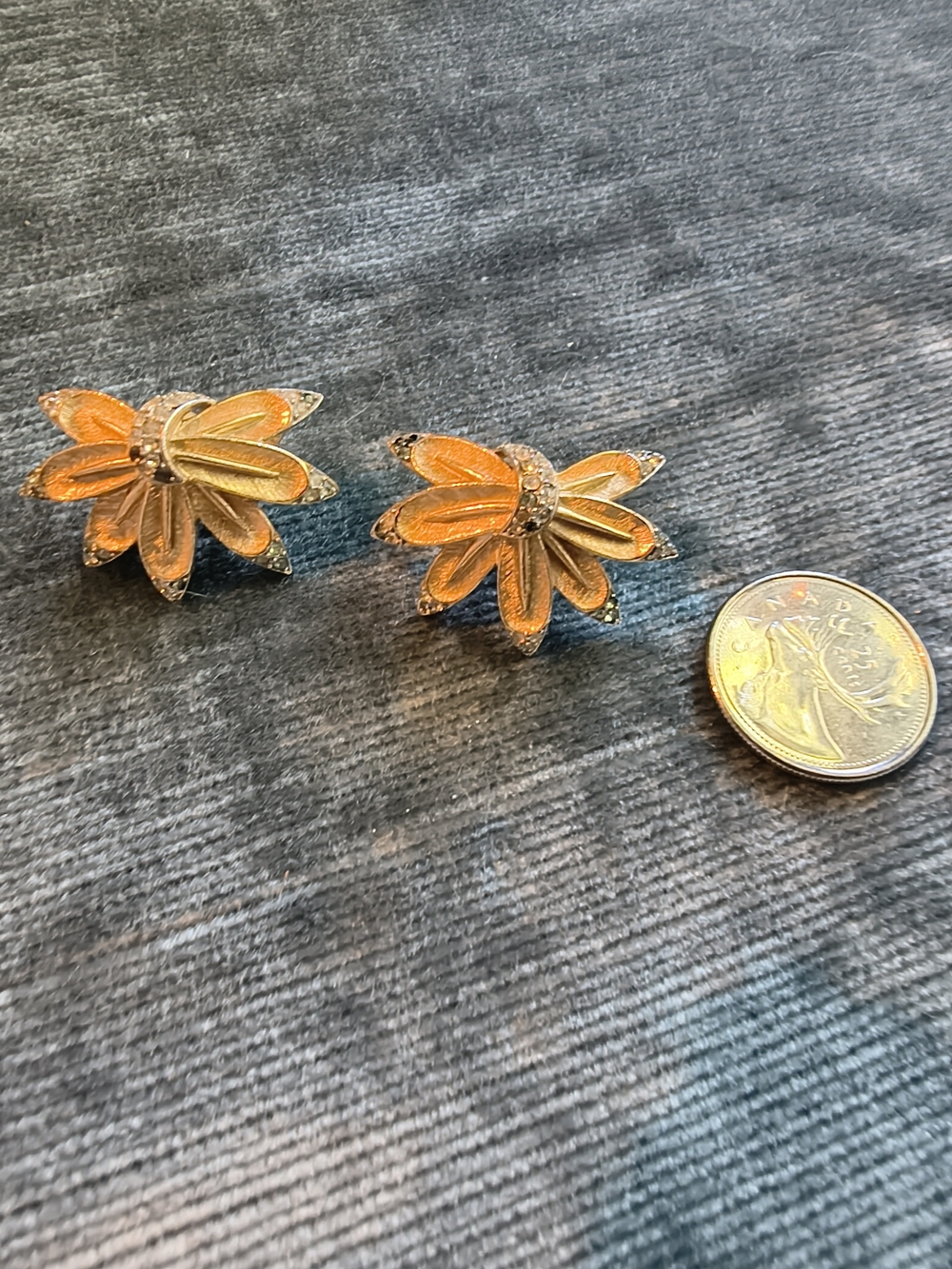 Trifari Vintage Gold Plated Orange Enamel Floral Clip-On Earrings with Gold Trim